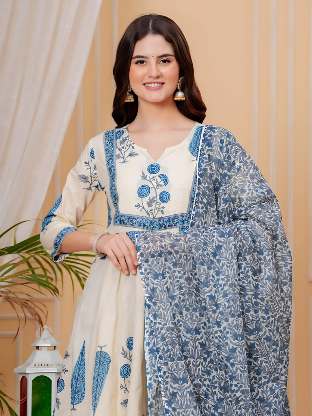 Printed Designer Neck Flared Anarkali Kurta With Pant & Dupatta, Aqua-Blue - Hiral Fashion | Grocsy