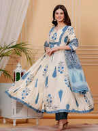 Printed Designer Neck Flared Anarkali Kurta With Pant & Dupatta, Aqua-Blue - Hiral Fashion | Grocsy