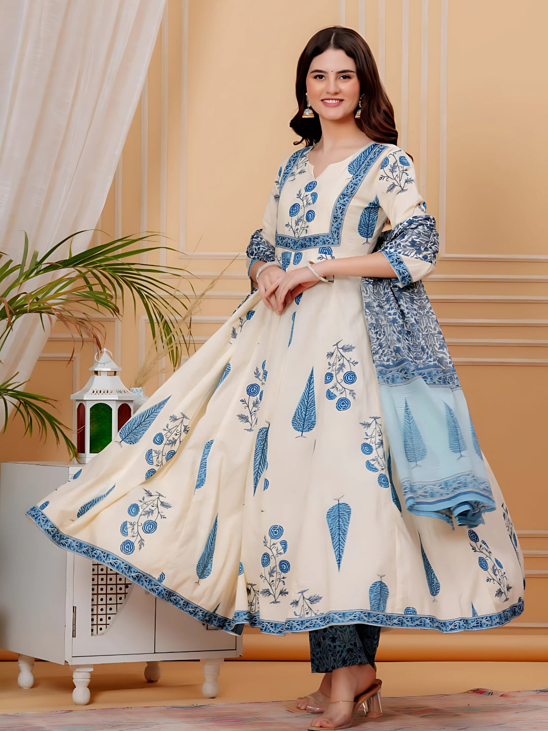 Printed Designer Neck Flared Anarkali Kurta With Pant & Dupatta, Aqua-Blue - Hiral Fashion | Grocsy