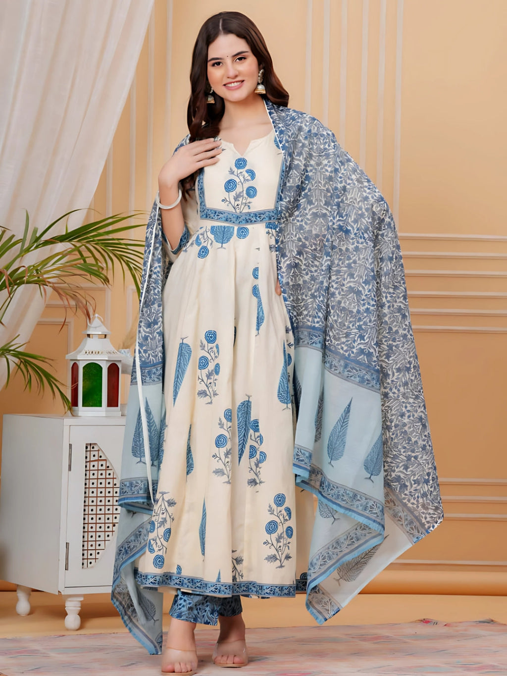 Printed Designer Neck Flared Anarkali Kurta With Pant & Dupatta, Aqua-Blue - Hiral Fashion | Grocsy