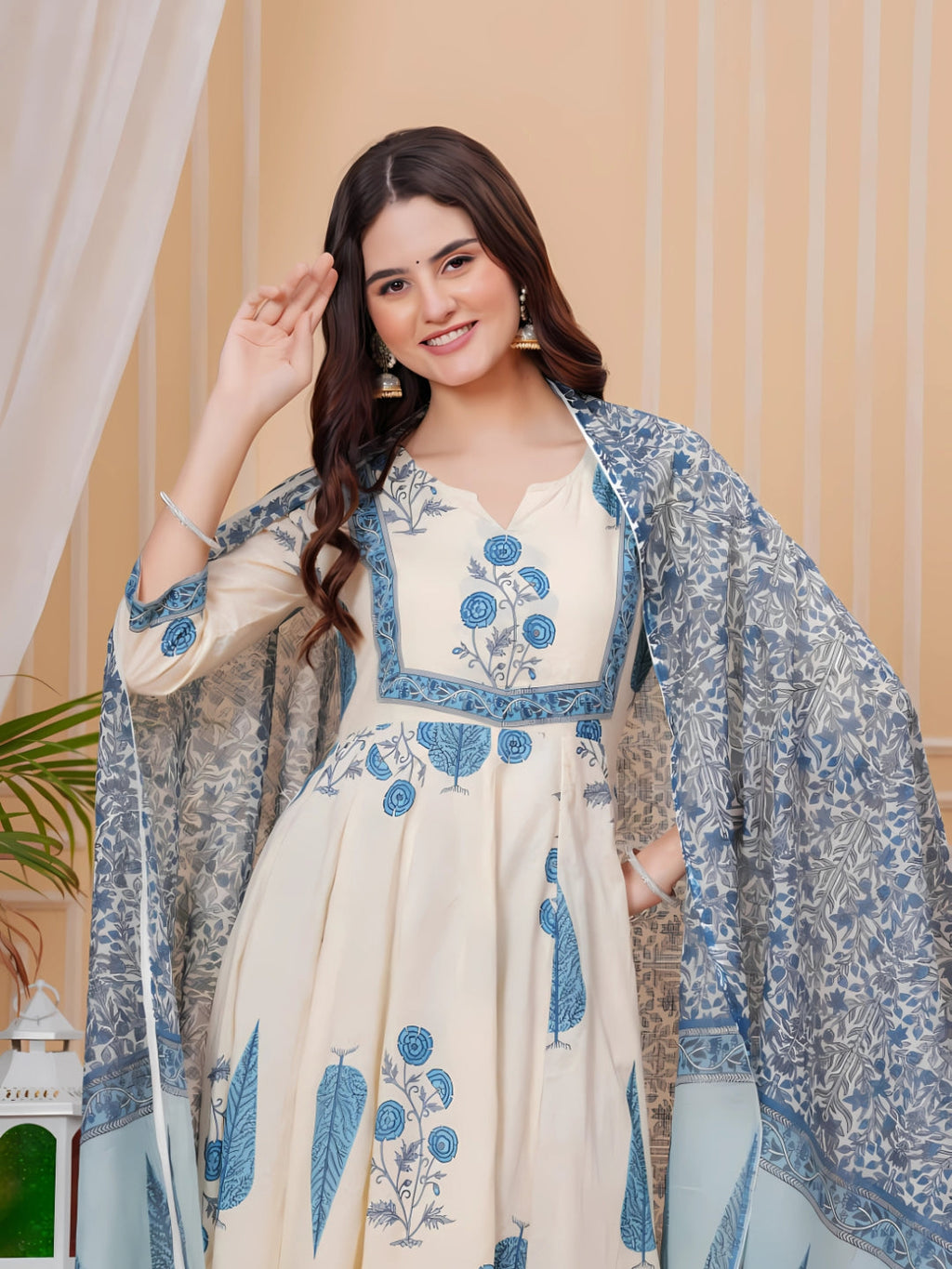 Printed Designer Neck Flared Anarkali Kurta With Pant & Dupatta, Aqua-Blue - Hiral Fashion | Grocsy
