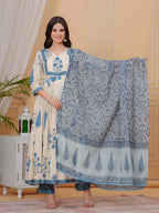 Printed Designer Neck Flared Anarkali Kurta With Pant & Dupatta, Aqua-Blue - Hiral Fashion | Grocsy