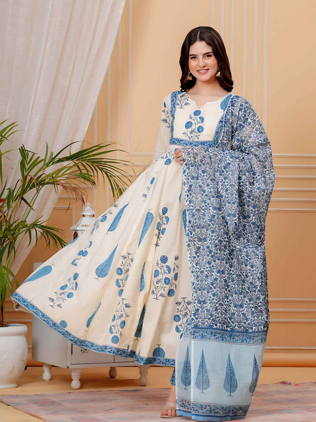 Printed Designer Neck Flared Anarkali Kurta With Pant & Dupatta, Aqua-Blue - Hiral Fashion | Grocsy
