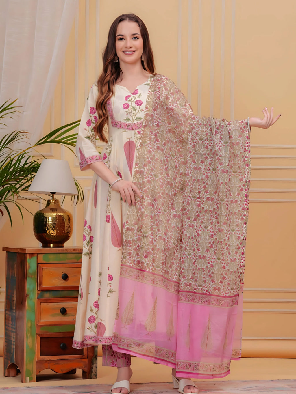 Printed Designer Neck Flared Anarkali Kurta With Pant & Dupatta, Pink - Hiral Fashion | Grocsy