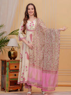 Printed Designer Neck Flared Anarkali Kurta With Pant & Dupatta, Pink - Hiral Fashion | Grocsy