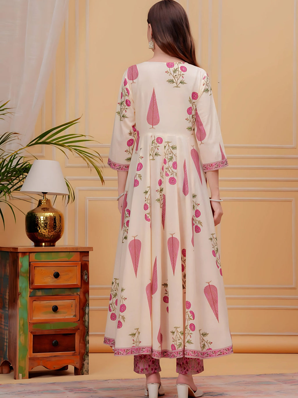 Printed Designer Neck Flared Anarkali Kurta With Pant & Dupatta, Pink - Hiral Fashion | Grocsy