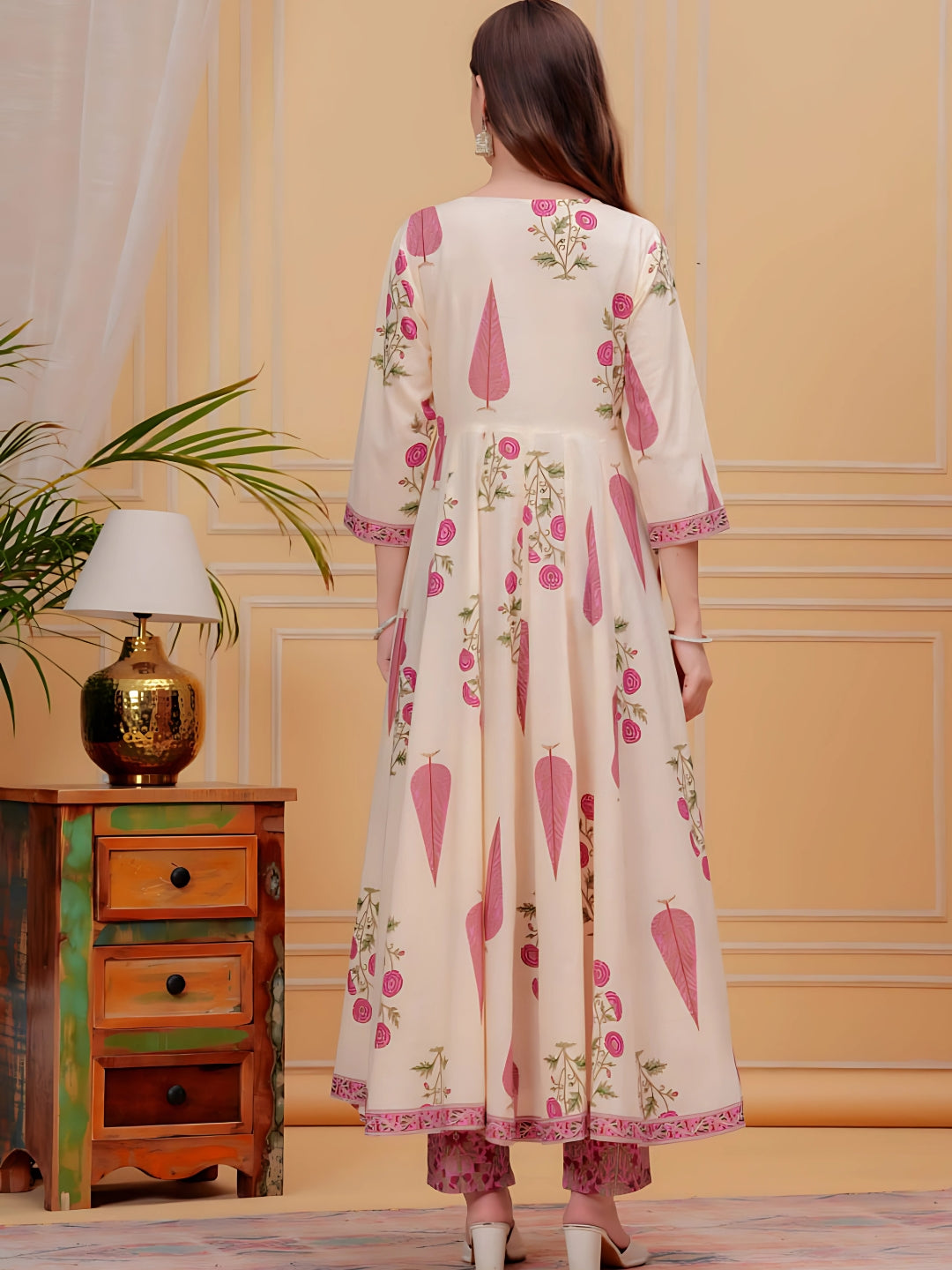 Printed Designer Neck Flared Anarkali Kurta With Pant & Dupatta, Pink - Hiral Fashion | Grocsy