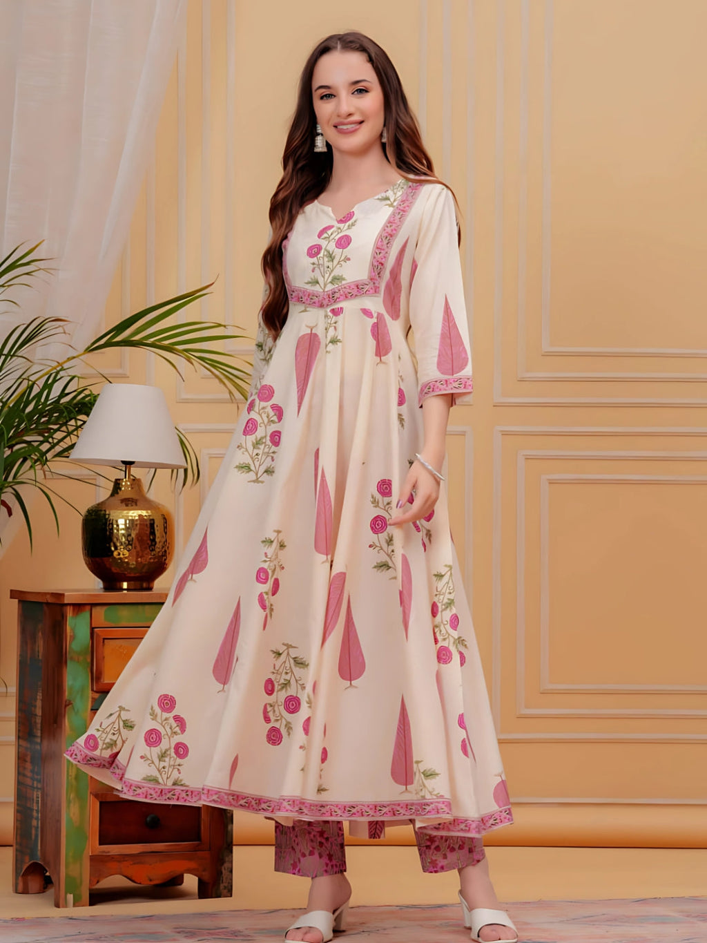 Printed Designer Neck Flared Anarkali Kurta With Pant & Dupatta, Pink - Hiral Fashion | Grocsy