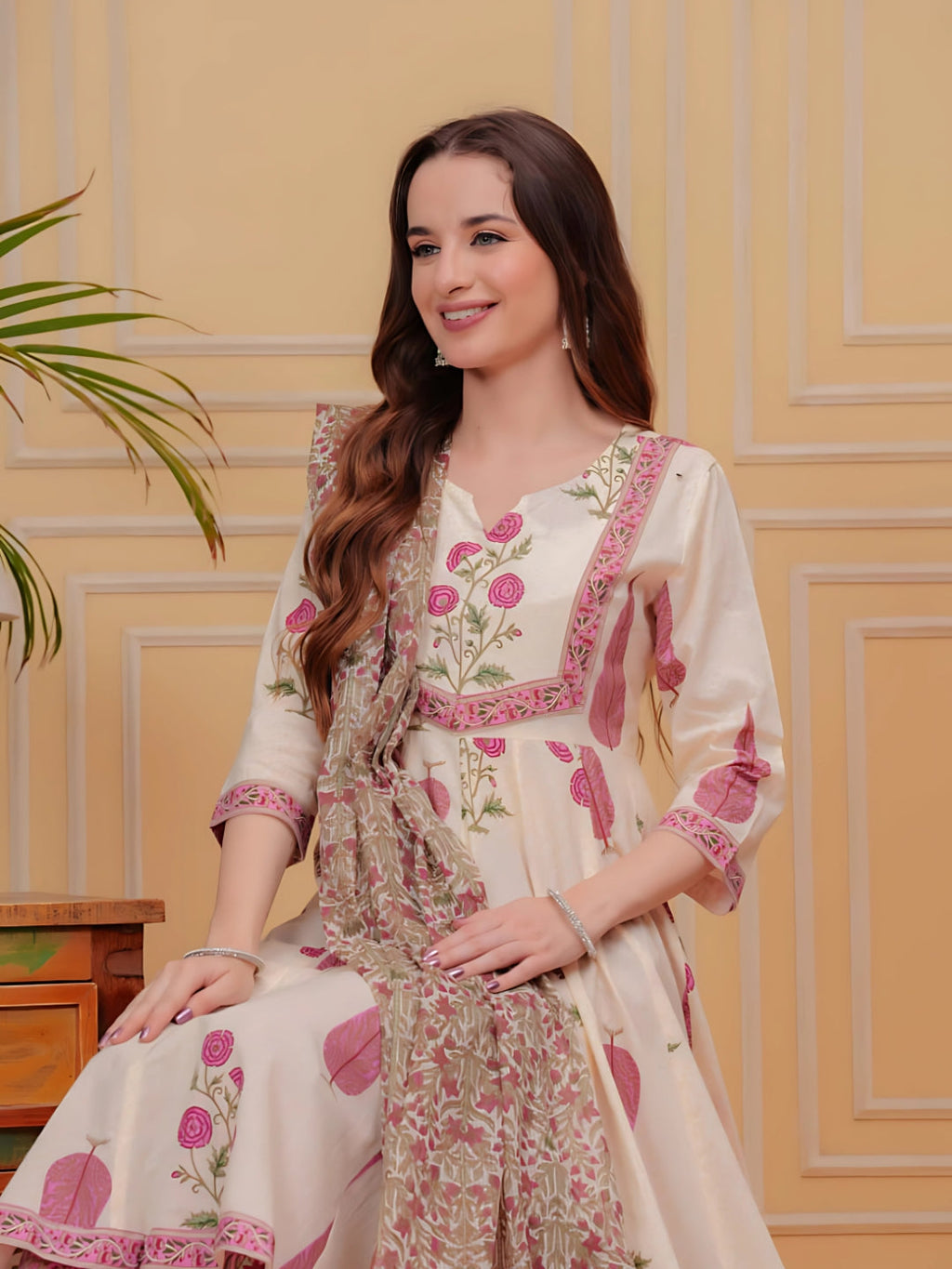 Printed Designer Neck Flared Anarkali Kurta With Pant & Dupatta, Pink - Hiral Fashion | Grocsy
