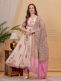 Printed Designer Neck Flared Anarkali Kurta With Pant & Dupatta, Pink - Hiral Fashion | Grocsy