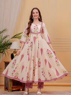 Printed Designer Neck Flared Anarkali Kurta With Pant & Dupatta, Pink - Hiral Fashion | Grocsy