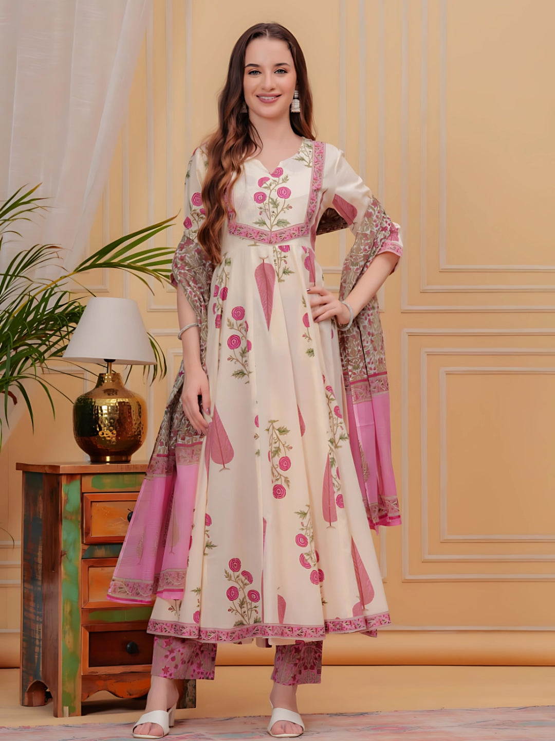 Printed Designer Neck Flared Anarkali Kurta With Pant & Dupatta, Pink - Hiral Fashion | Grocsy