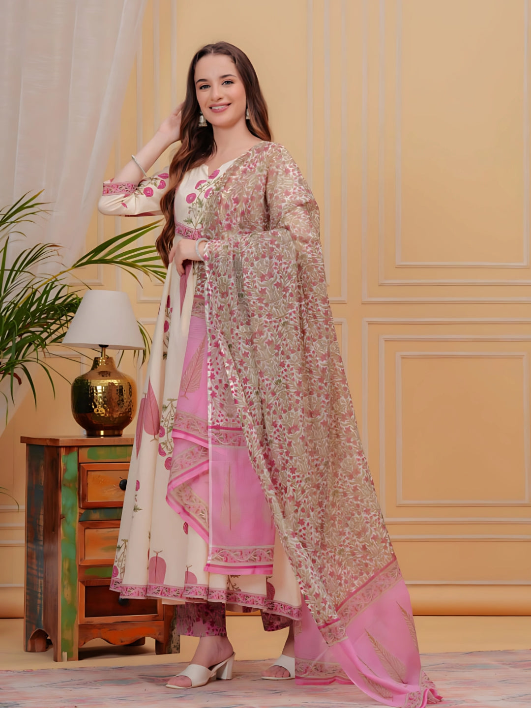 Printed Designer Neck Flared Anarkali Kurta With Pant & Dupatta, Pink - Hiral Fashion | Grocsy