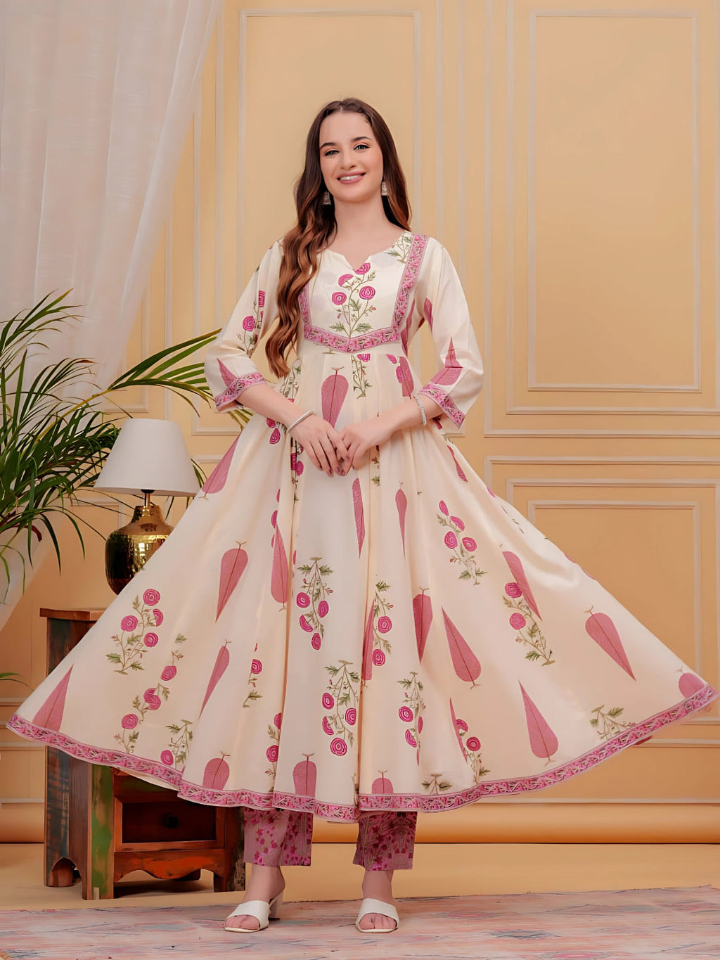 Printed Designer Neck Flared Anarkali Kurta With Pant & Dupatta, Pink - Hiral Fashion | Grocsy