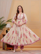 Printed Designer Neck Flared Anarkali Kurta With Pant & Dupatta, Pink - Hiral Fashion | Grocsy
