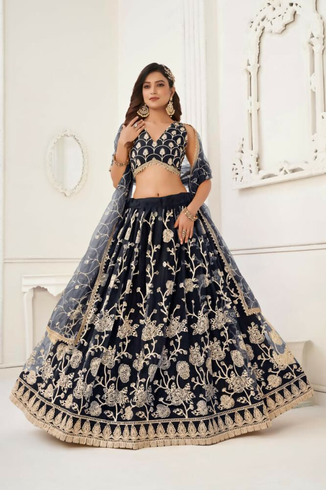 Aastha Fashion Black Butterfly Net White Cotton Thread Work And Sequence Work Embroidery Wedding Wear Lehenga Choli | Grocsy