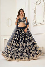 Aastha Fashion Black Butterfly Net White Cotton Thread Work And Sequence Work Embroidery Wedding Wear Lehenga Choli | Grocsy