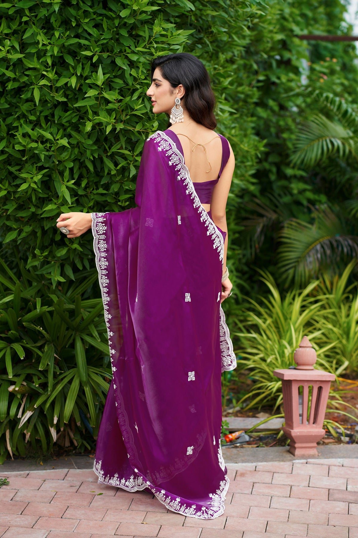 Vastranavya Purple Embroidery Work Shimmer Chiffon Saree with Unstitched Blouse | Grocsy