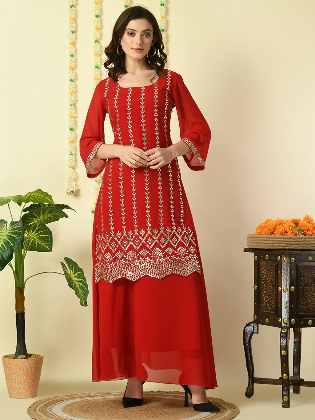 Myshka Women's Red Georgette Kurta & Skirt With Dupatta Party Sets | Grocsy