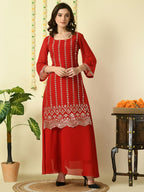 Myshka Women's Red Georgette Kurta & Skirt With Dupatta Party Sets | Grocsy
