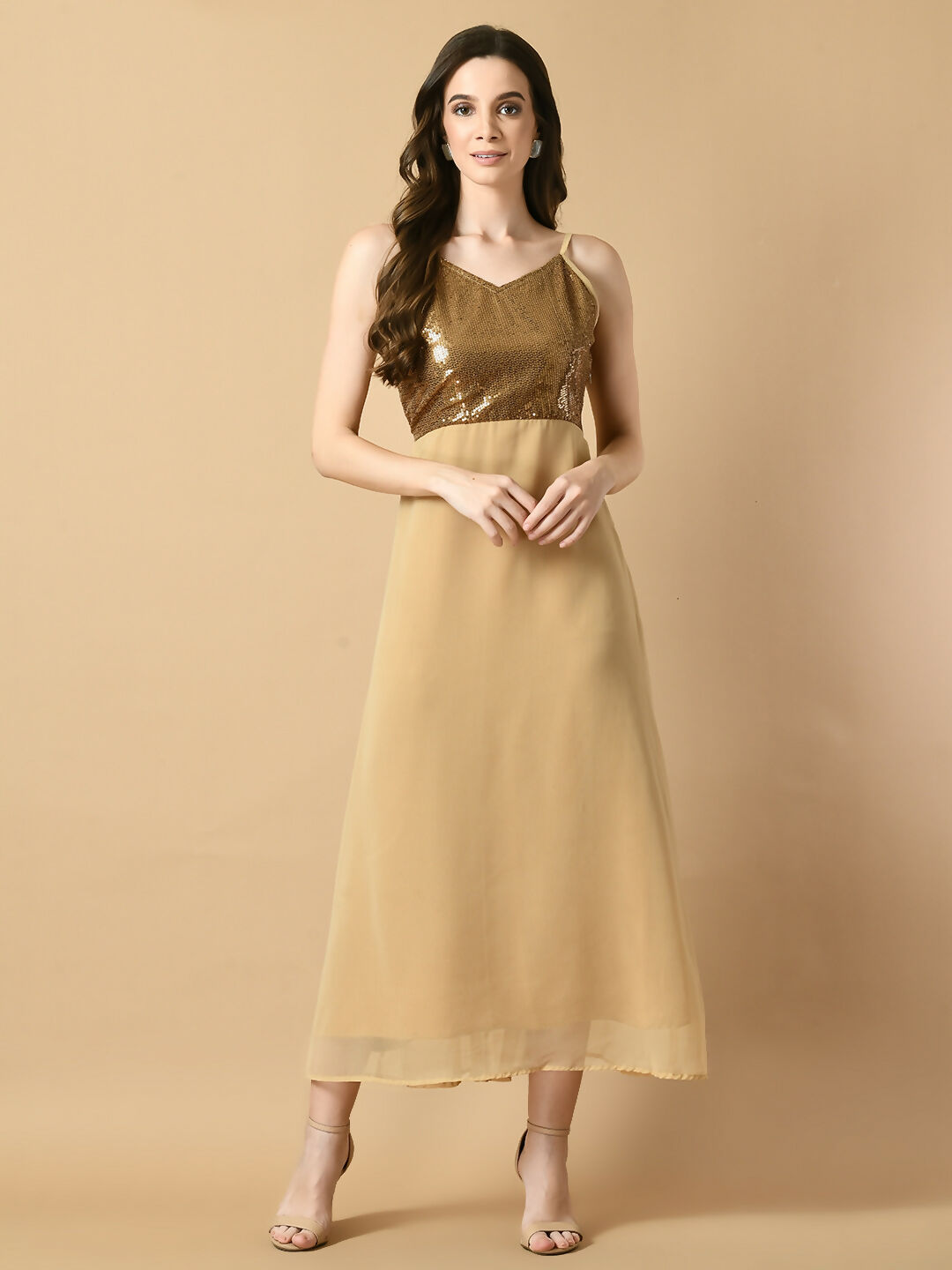 Myshka Women's Beige Solid Georgette Party Dress | Grocsy