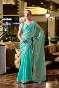Vastranavya Turquoise Embroidery Work Shimmer Chiffon Saree with Unstitched Blouse | Grocsy