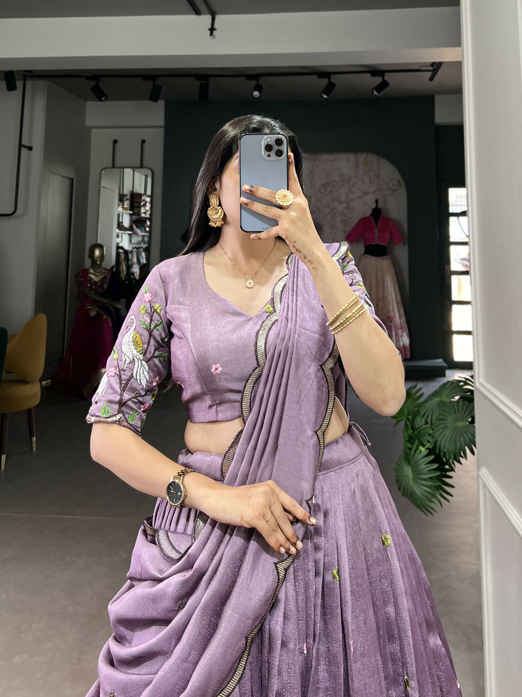 Lorenvalley Lavender Vichitra Simmer Sequins and Thread Embroidery Work Lehenga Choli | Grocsy