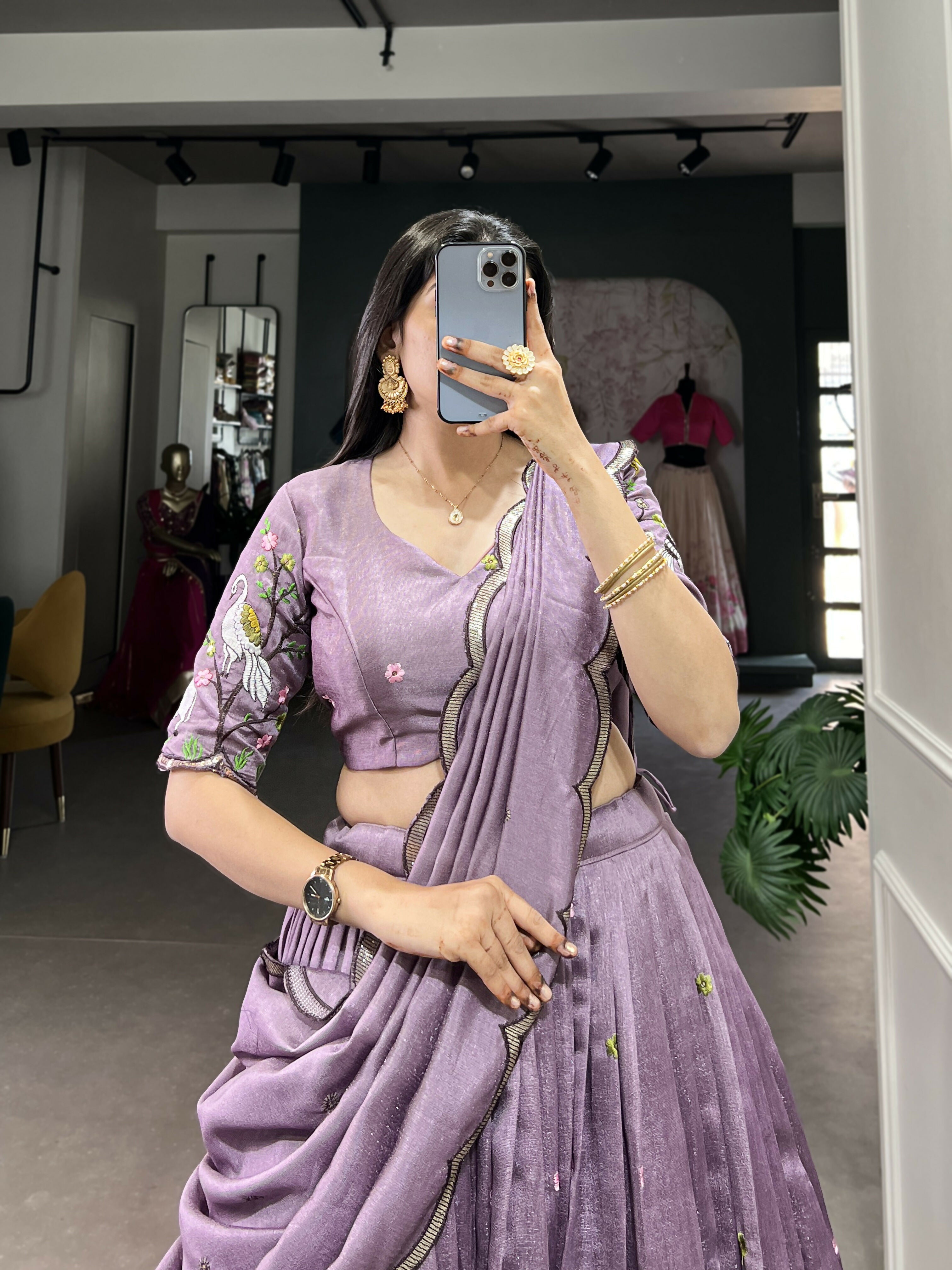Lorenvalley Lavender Vichitra Simmer Sequins and Thread Embroidery Work Lehenga Choli | Grocsy