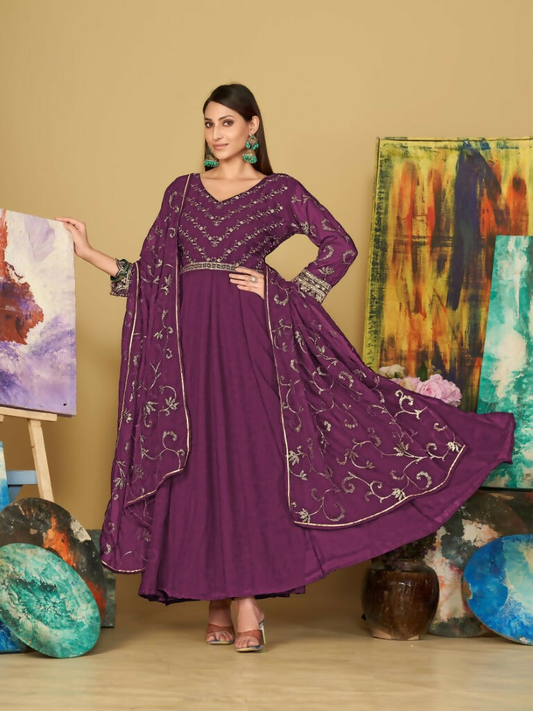 Jyoti Fashion Women's Purple Georgette Embroidered Anarkali Kurta Pant Set With Dupatta | Grocsy