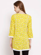Myshka Women's Yellow Cotton 3/4 Sleeve Round Neck Printed Casual Tunic | Grocsy