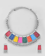 VOJ Silver Plated Oxidized Multi Color Hasli with Earring Set | Grocsy