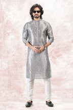 Raivat Ethnic Jacquard Banarasi Silk Digital Print Kurta Pajama In Grey Colour | Grocsy
