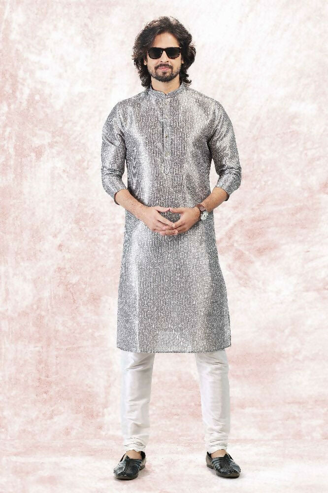 Raivat Ethnic Jacquard Banarasi Silk Digital Print Kurta Pajama In Grey Colour | Grocsy