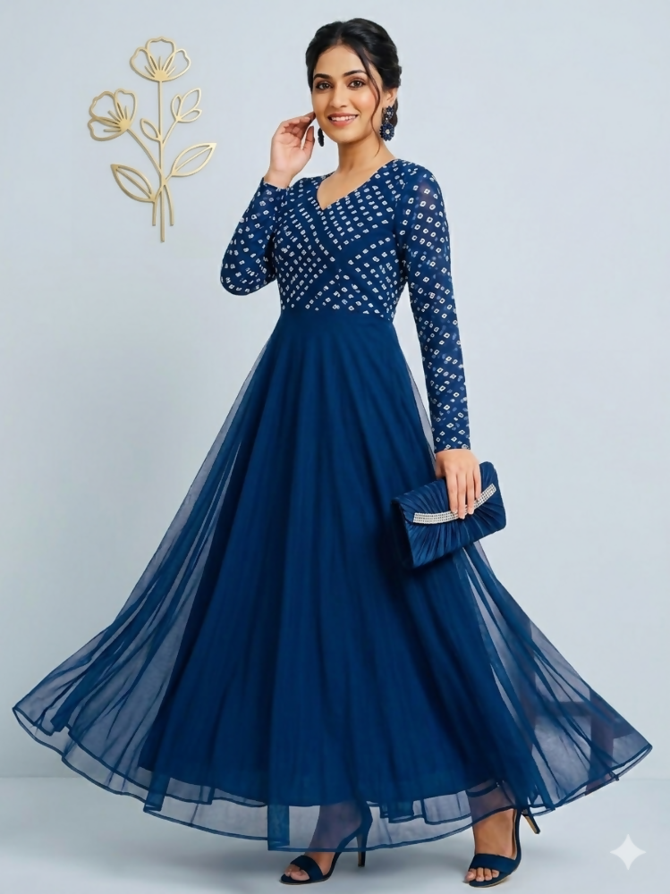 Teeya Creation Women's Teal Bandhani Print Anarkali Gown | Grocsy