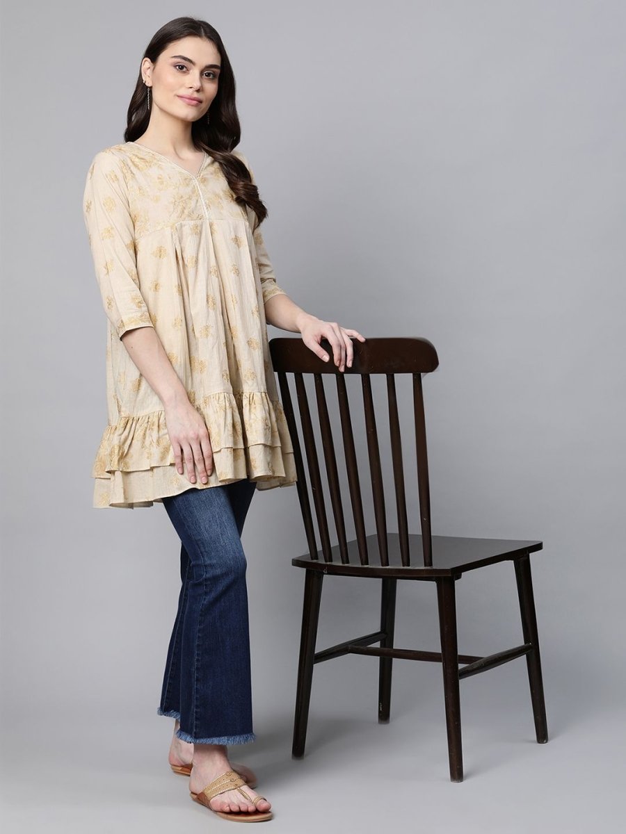 Ahalyaa Beige Cotton Gold Printed Tunic | Grocsy