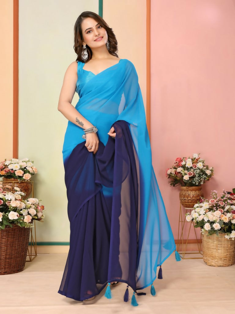 Blue Georgette Pedding Color Printed Ready To Wear Saree - Aalaya | Grocsy