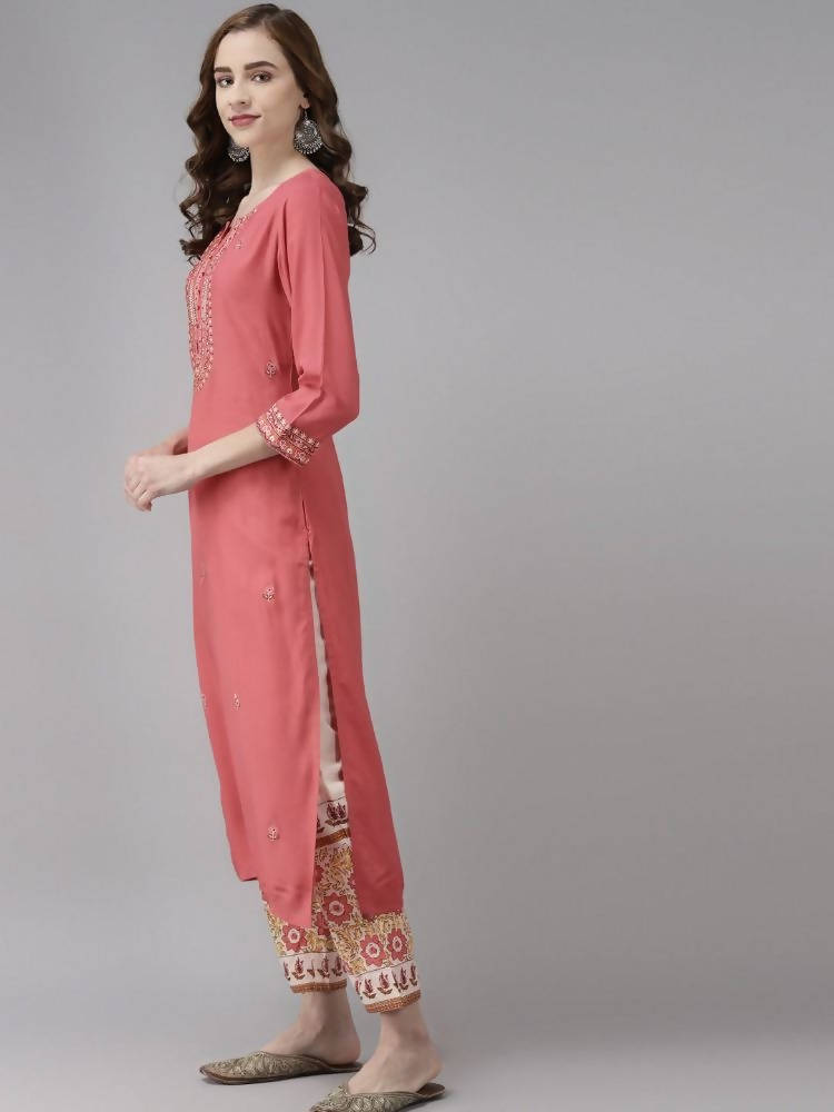 Yufta Women Pink Ethnic Motifs Embroidered Kurta with Palazzo & Dupatta | Grocsy