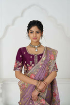 Kesar Fab Bloom In Style: Mauve With Vibrant Thread Work & Floral Motifs Saree | Grocsy