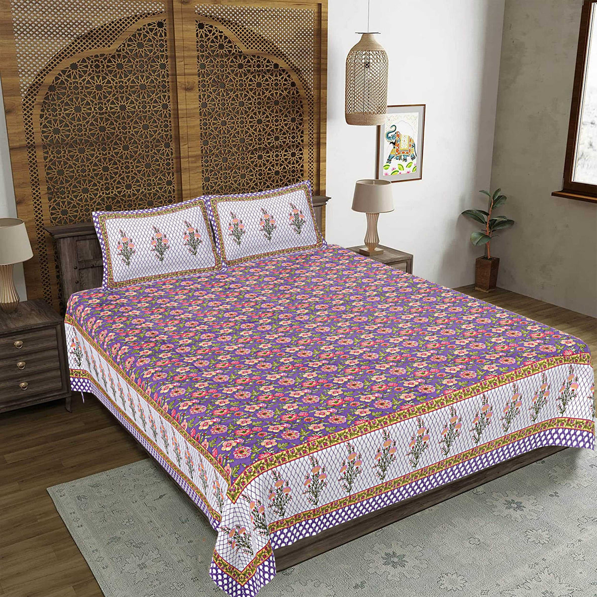 Rudra Bazaar Purple 210 TC Cotton Double King Bedsheet With 2 Pillow Covers | Grocsy