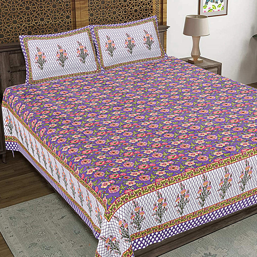 Rudra Bazaar Purple 210 TC Cotton Double King Bedsheet With 2 Pillow Covers | Grocsy