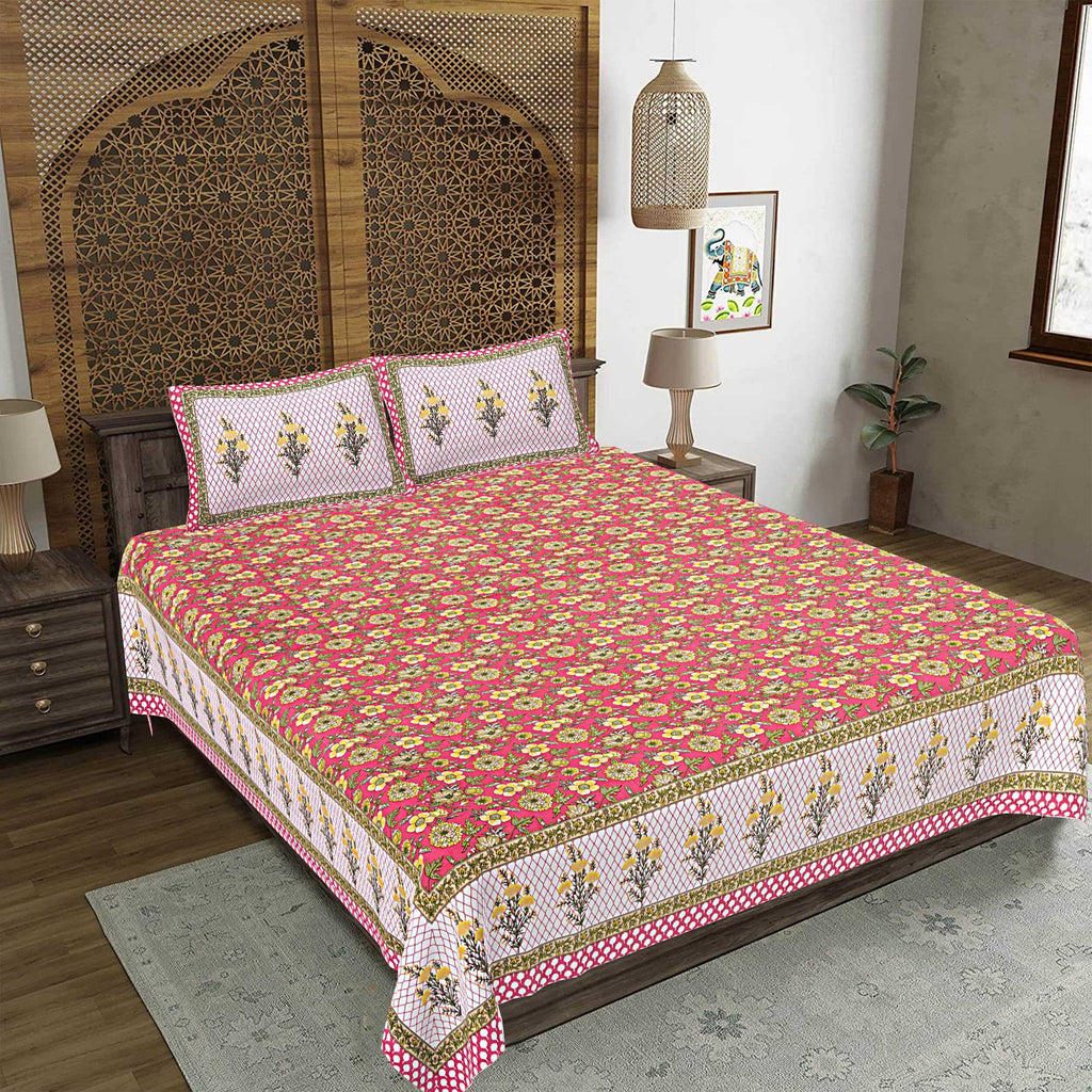 Rudra Bazaar Red 210 TC Cotton Double King Bedsheet With 2 Pillow Covers | Grocsy