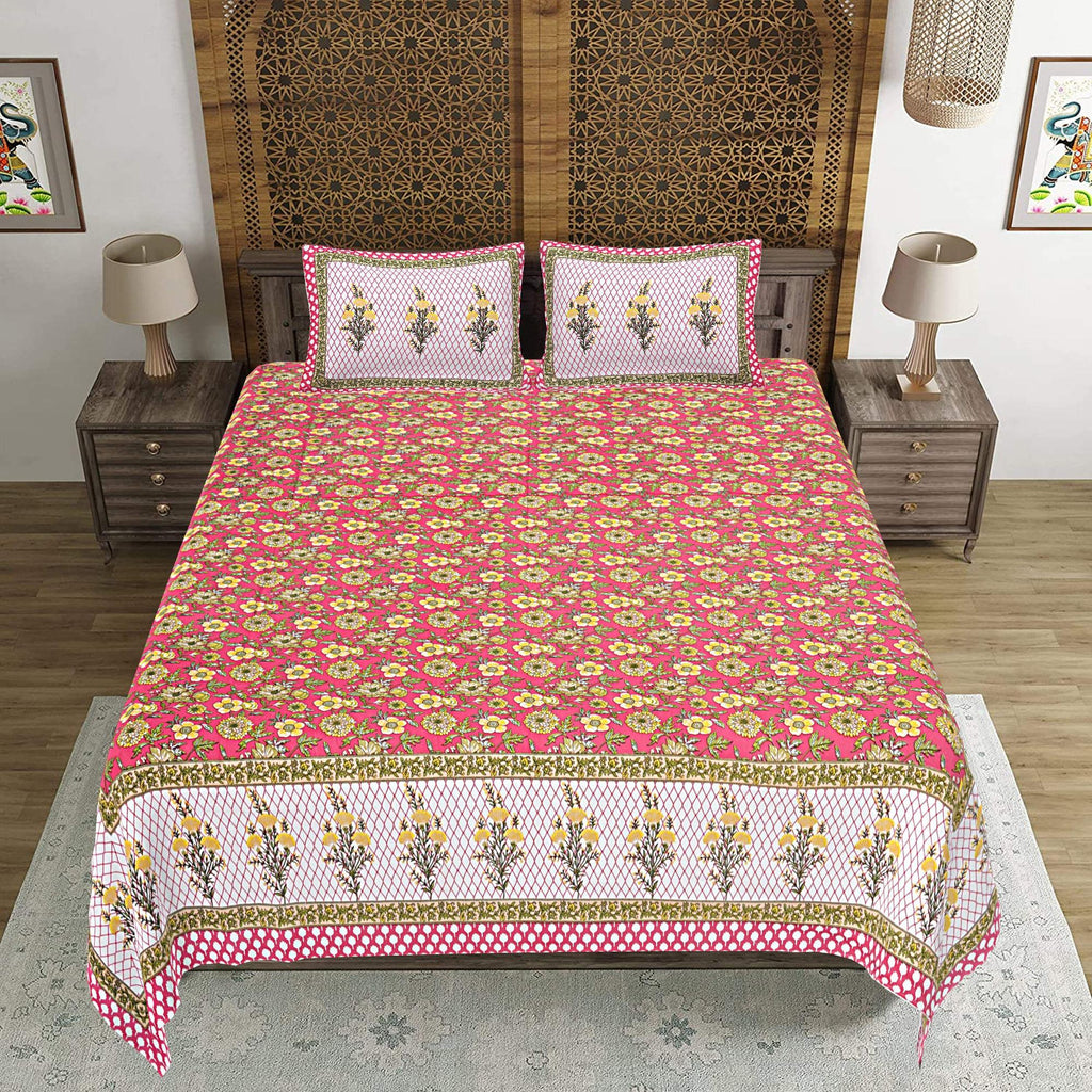 Rudra Bazaar Red 210 TC Cotton Double King Bedsheet With 2 Pillow Covers | Grocsy
