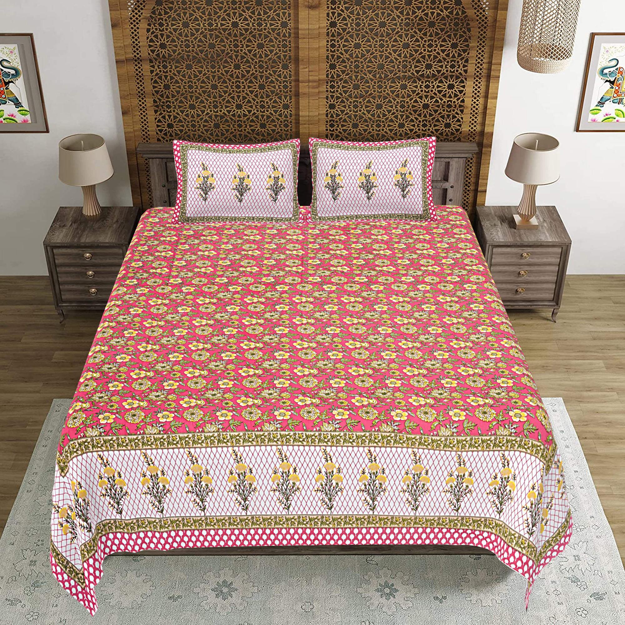 Rudra Bazaar Red 210 TC Cotton Double King Bedsheet With 2 Pillow Covers | Grocsy