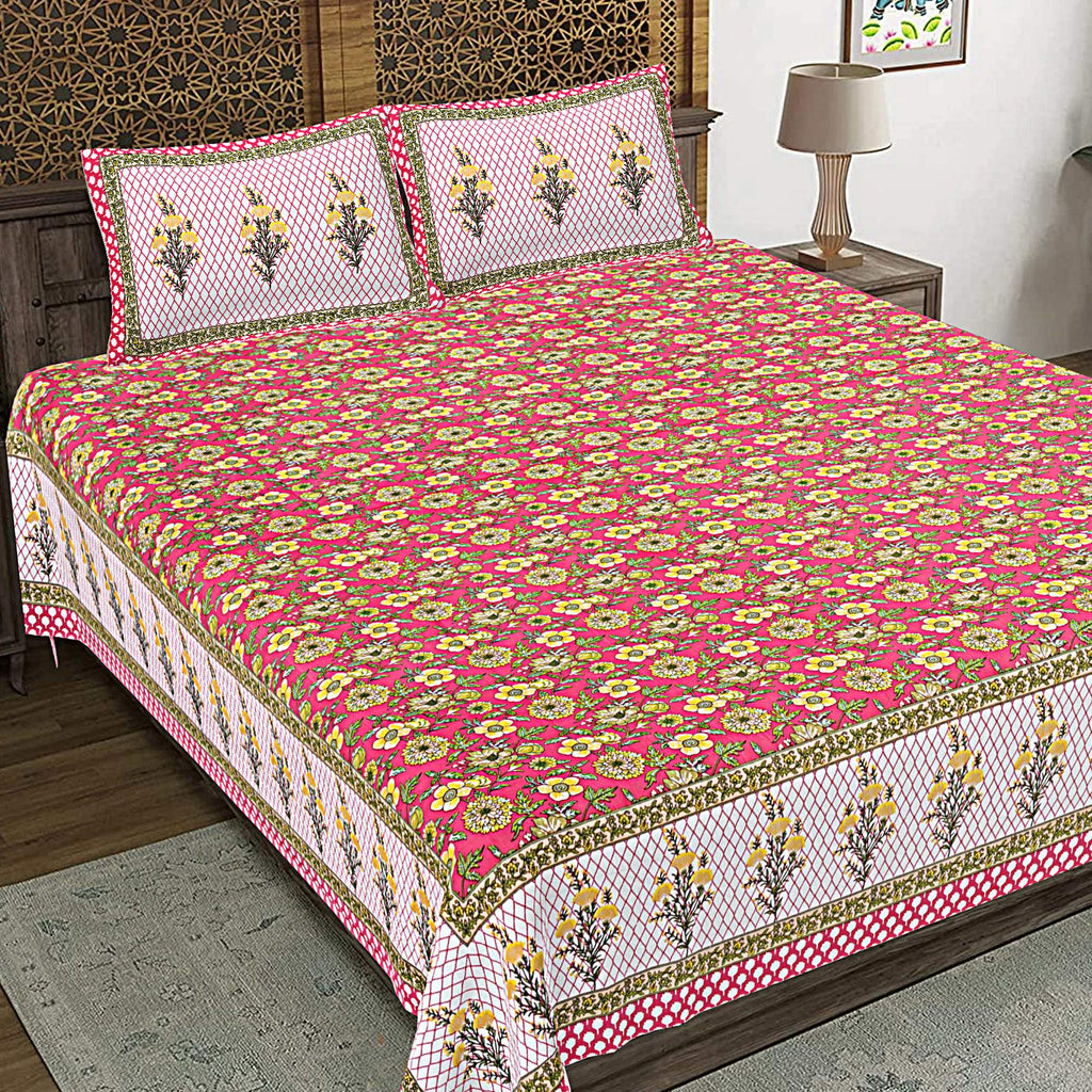 Rudra Bazaar Red 210 TC Cotton Double King Bedsheet With 2 Pillow Covers | Grocsy