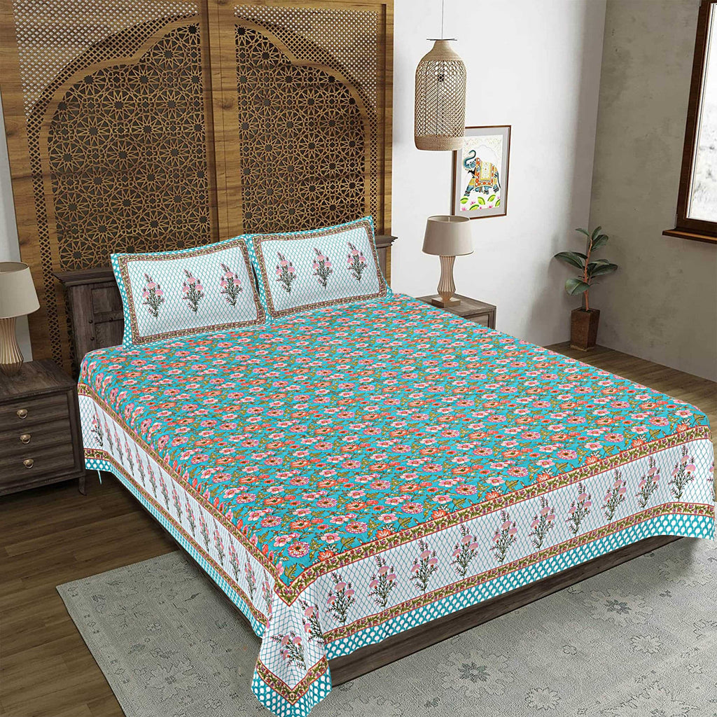 Rudra Bazaar Turquoise Blue 210 TC Cotton Double King Bedsheet With 2 Pillow Covers | Grocsy