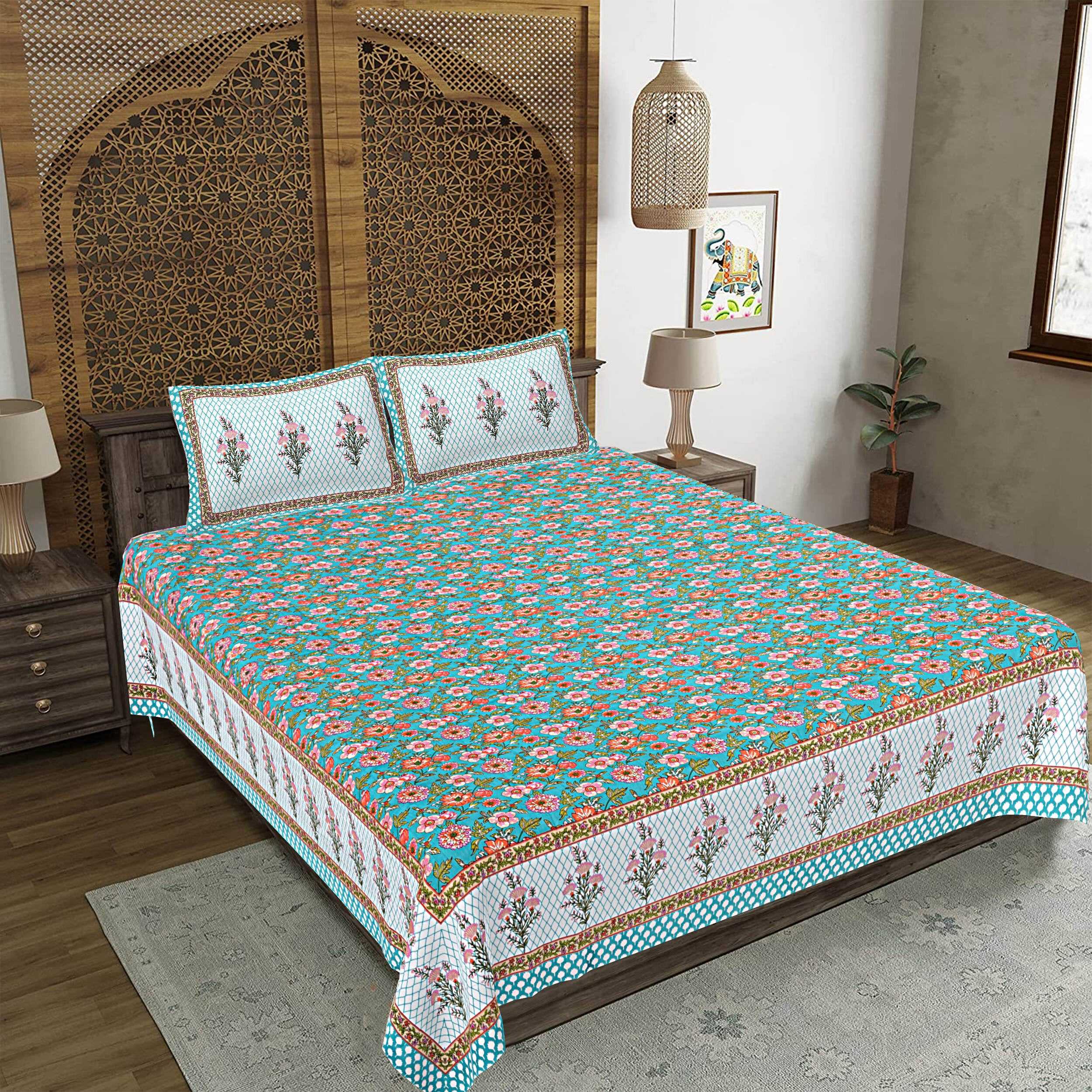 Rudra Bazaar Turquoise Blue 210 TC Cotton Double King Bedsheet With 2 Pillow Covers | Grocsy