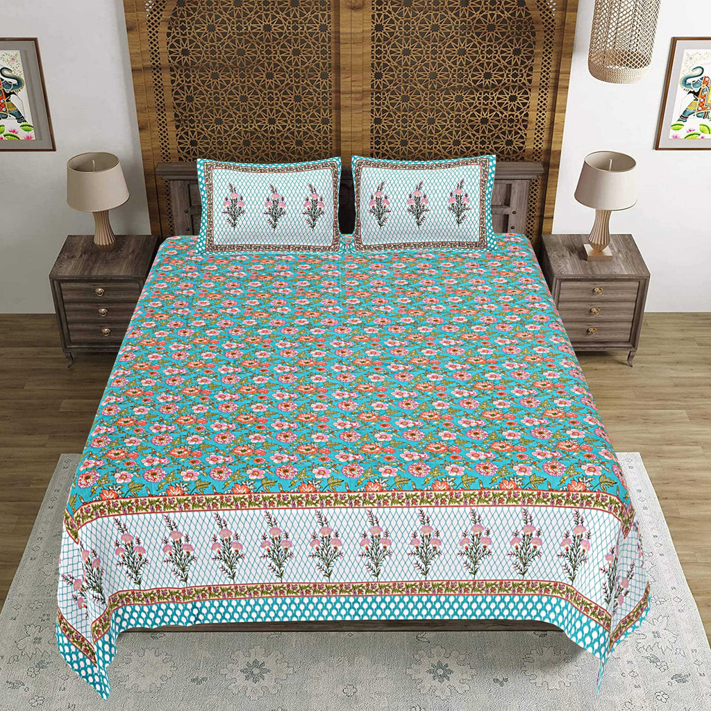 Rudra Bazaar Turquoise Blue 210 TC Cotton Double King Bedsheet With 2 Pillow Covers | Grocsy