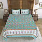 Rudra Bazaar Turquoise Blue 210 TC Cotton Double King Bedsheet With 2 Pillow Covers | Grocsy