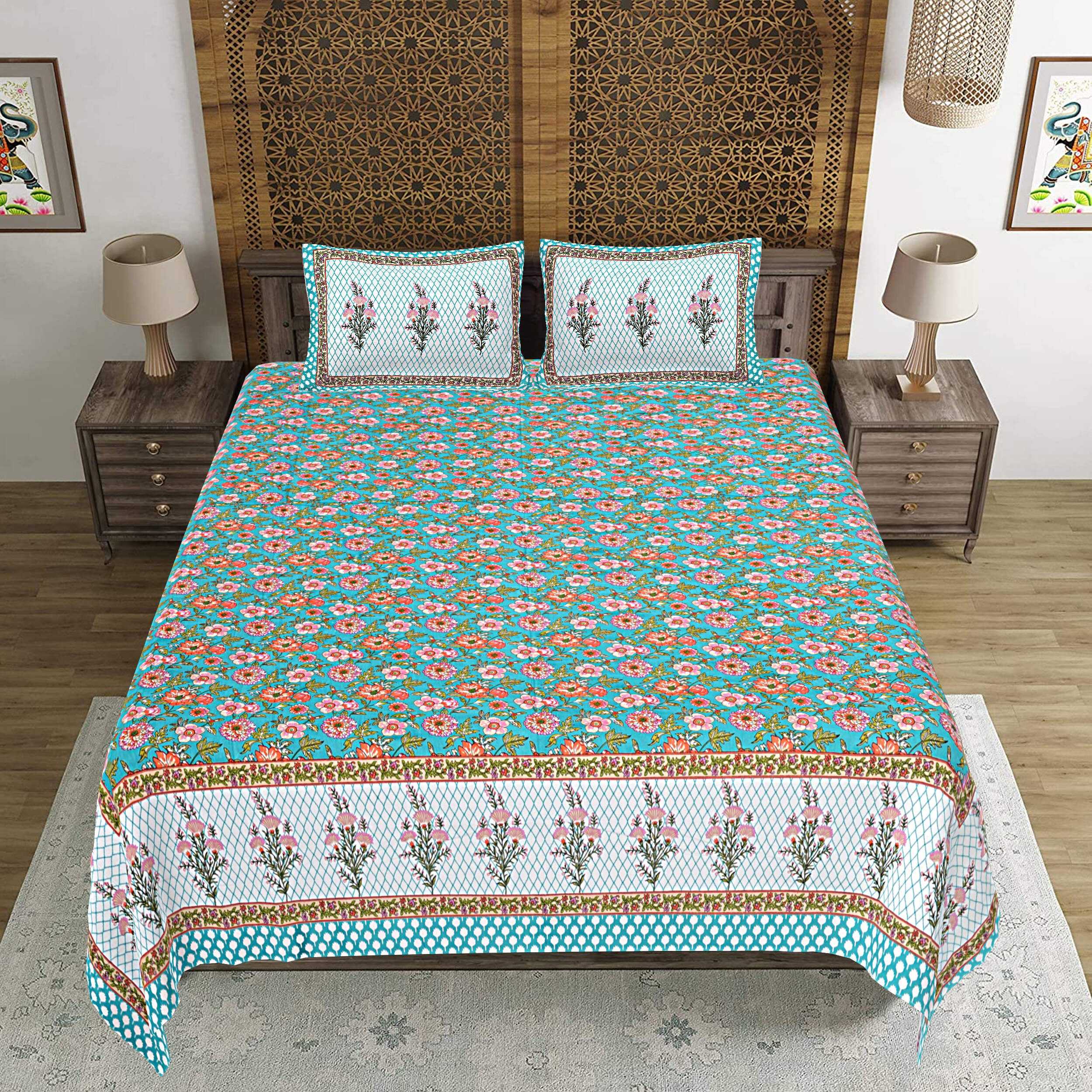 Rudra Bazaar Turquoise Blue 210 TC Cotton Double King Bedsheet With 2 Pillow Covers | Grocsy