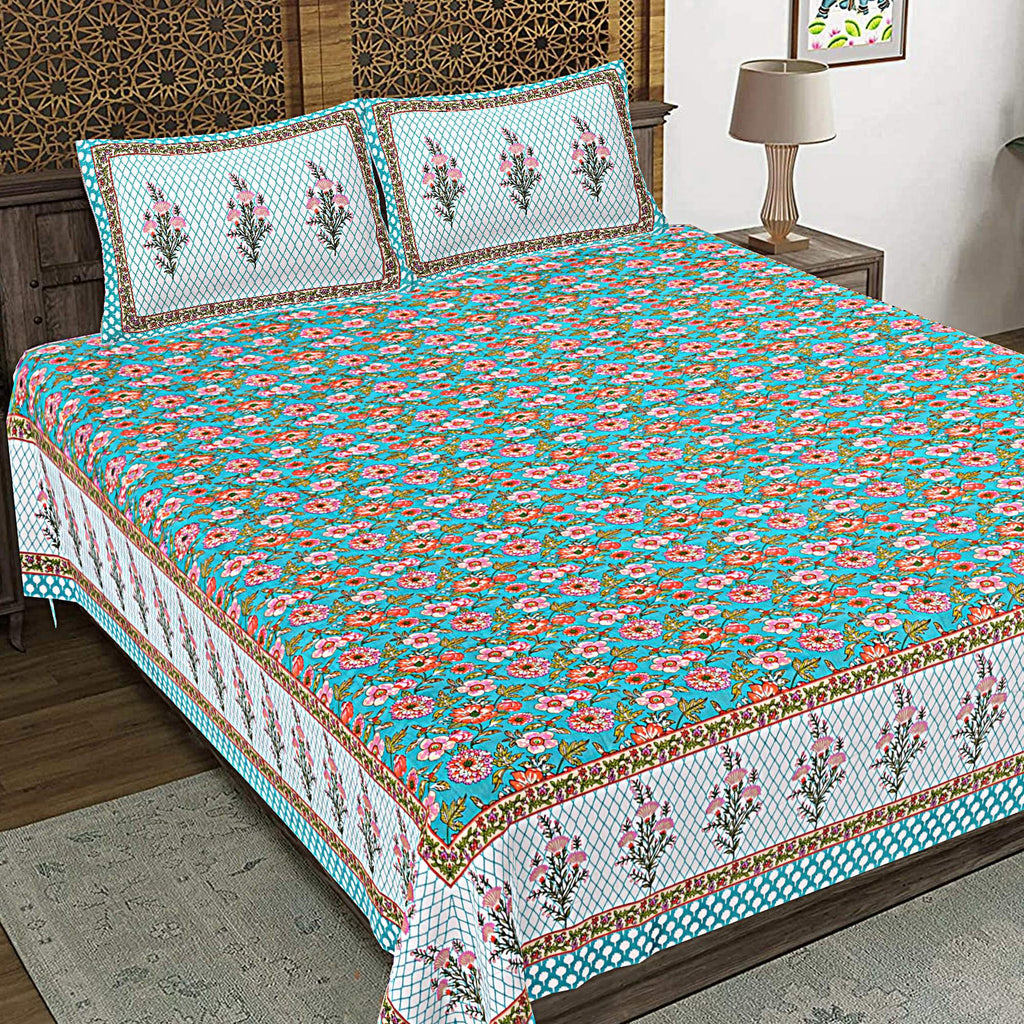 Rudra Bazaar Turquoise Blue 210 TC Cotton Double King Bedsheet With 2 Pillow Covers | Grocsy